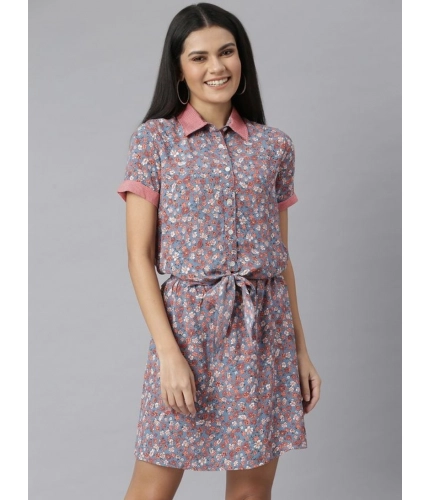 Generic Women's Polyester Moss Floral Collar Neck Short Sleeve Dress (Grey-Red)