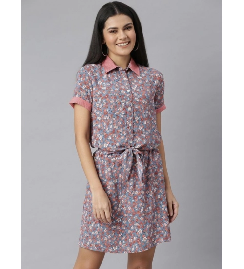 Generic Women's Polyester Moss Floral Collar Neck Short Sleeve Dress (Grey-Red)