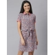 Generic Women's Polyester Moss Floral Collar Neck Short Sleeve Dress (Grey-Red)