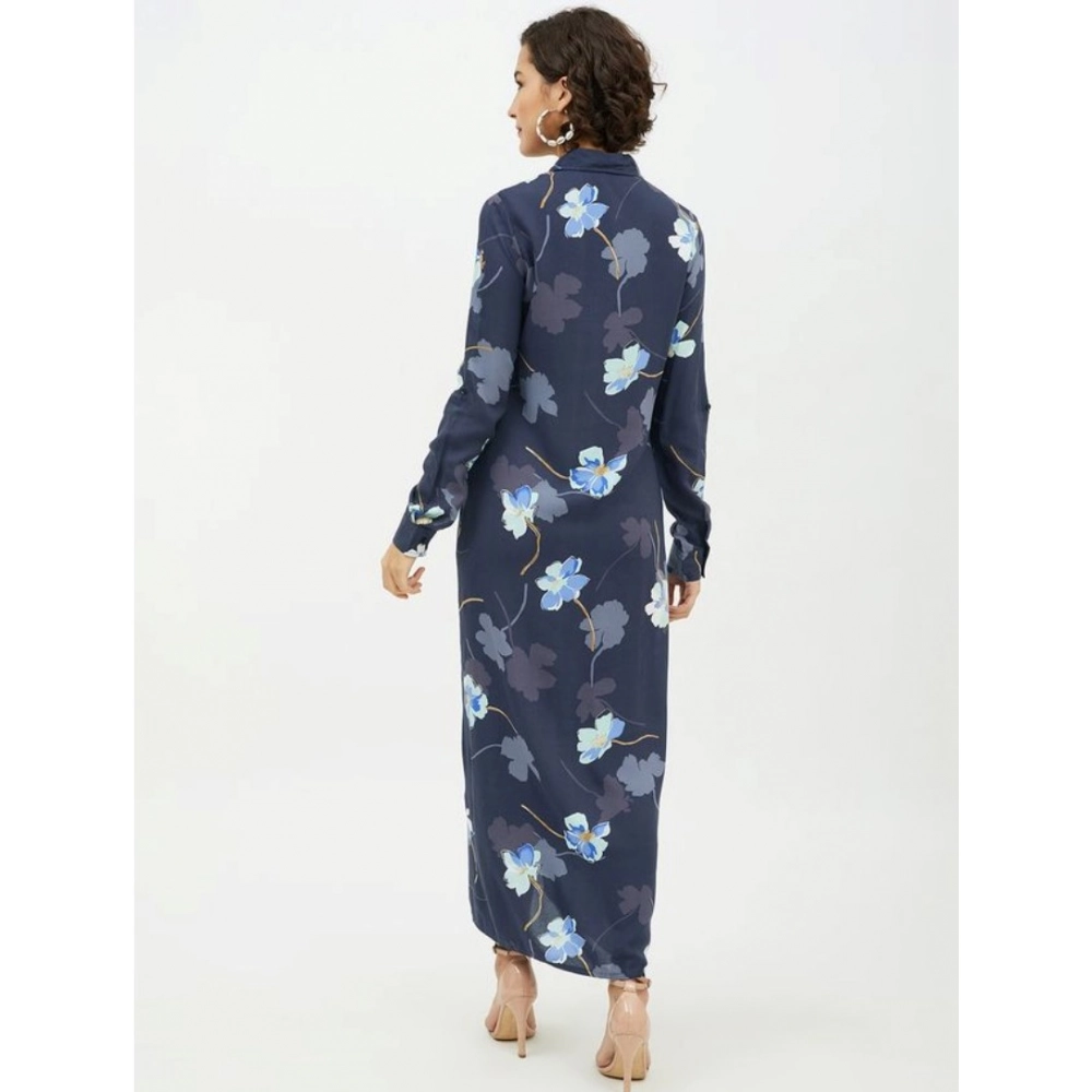 Generic Women's Rayon Floral Collar Neck Long Sleeves Dress (Blue) Generic Women's Rayon Floral Collar Neck Long Sleeves Dress (Blue)