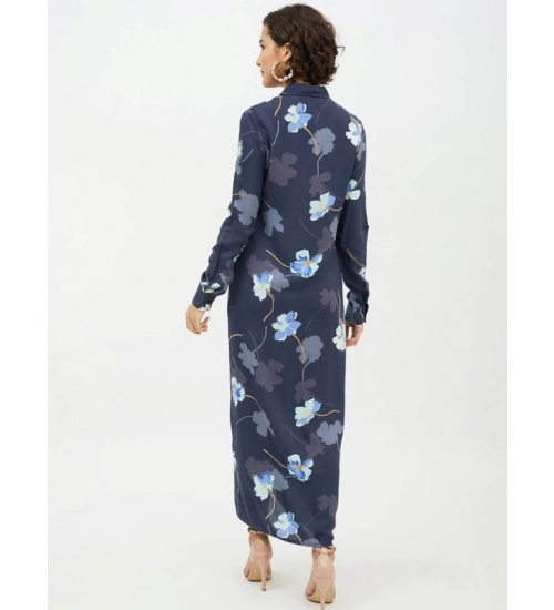 Generic Women's Rayon Floral Collar Neck Long Sleeves Dress (Blue)