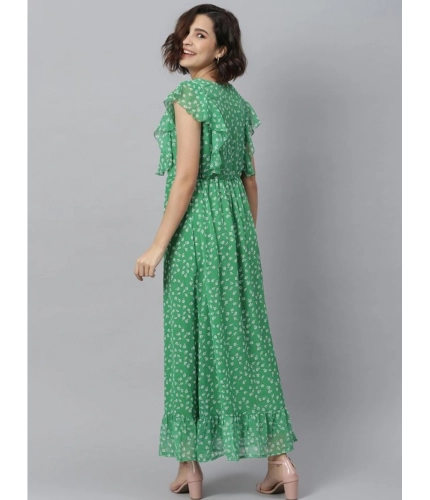 Generic Women's Polyester Floral Round Neck Short Sleeve Dress (Green)