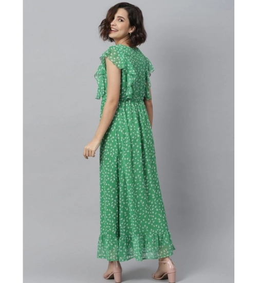 Generic Women's Polyester Floral Round Neck Short Sleeve Dress (Green)