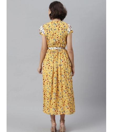Generic Women's Polyester Floral V-Neck Short Sleeve Dress (Yellow-White)