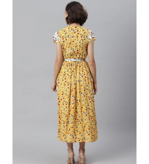 Generic Women's Polyester Floral V-Neck Short Sleeve Dress (Yellow-White)