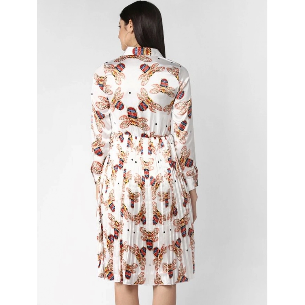 Generic Women's Polyester Pleated Collar Neck Long Sleeves Dress (White) Generic Women's Polyester Pleated Collar Neck Long Sleeves Dress (White)