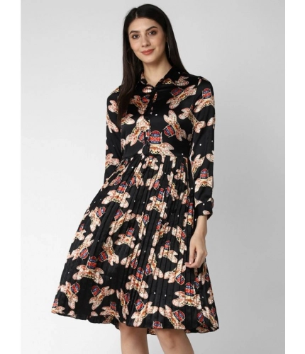 Generic Women's Polyester Pleated Collar Neck Long Sleeves Dress (Black)