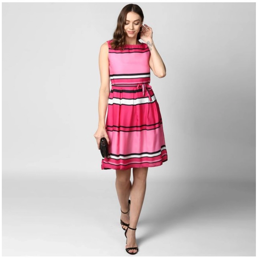 Generic Women's Polyester Striped Close Neck Sleeveless Dress (Pink) Generic Women's Polyester Striped Close Neck Sleeveless Dress (Pink)