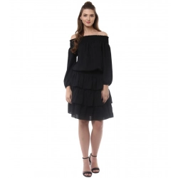Generic Women's Polyester Moss Solid Off-Shoulder Long Sleeves Dress (Black)
