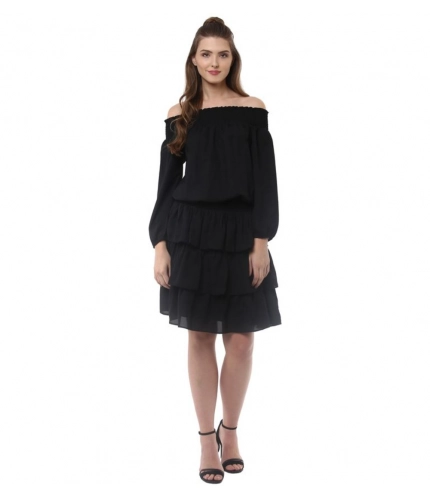 Generic Women's Polyester Moss Solid Off-Shoulder Long Sleeves Dress (Black)