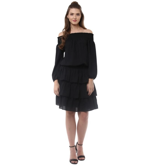 Generic Women's Polyester Moss Solid Off-Shoulder Long Sleeves Dress (Black)
