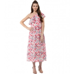 Generic Women's Polyester Crepe Floral One Shoulder One Shoulder Dress (Multicolor)