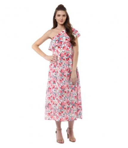 Generic Women's Polyester Crepe Floral One Shoulder One Shoulder Dress (Multicolor)