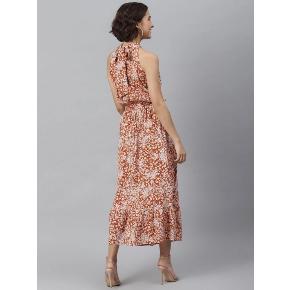 Generic Women's Polyester Printed Halter Neck Sleeveless Dress (Rust) Generic Women's Polyester Printed Halter Neck Sleeveless Dress (Rust)
