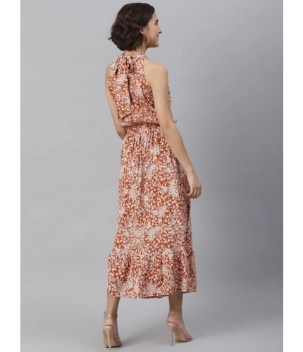 Generic Women's Polyester Printed Halter Neck Sleeveless Dress (Rust)