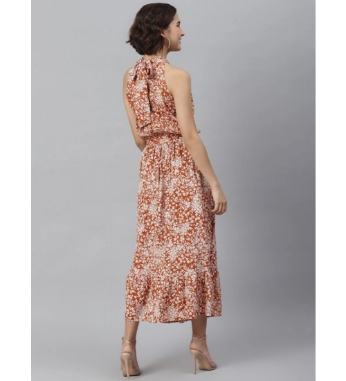 Generic Women's Polyester Printed Halter Neck Sleeveless Dress (Rust)