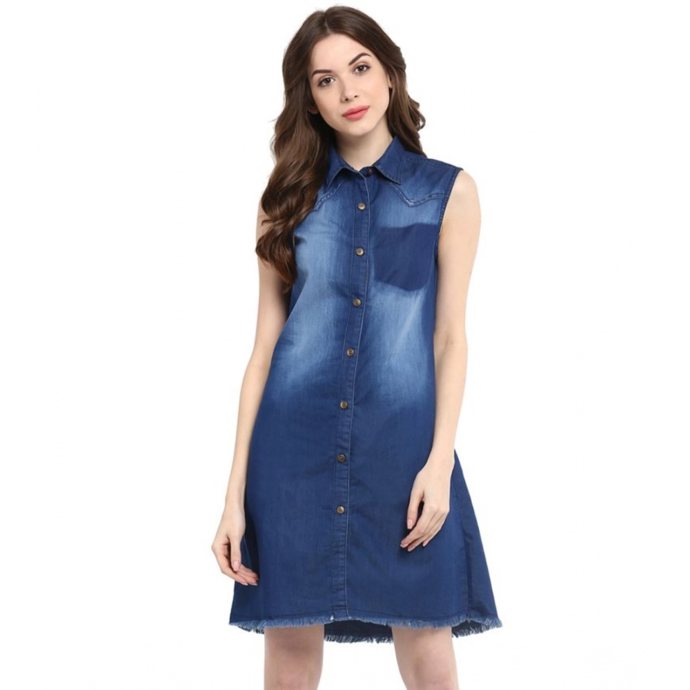 Generic Women's Denim Solid Collar Neck Sleeveless Dress (Blue) Generic Women's Denim Solid Collar Neck Sleeveless Dress (Blue)