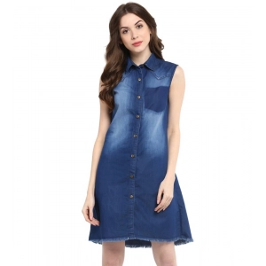 Generic Women's Denim Solid Collar Neck Sleeveless Dress (Blue)