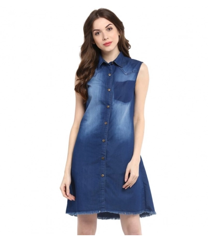 Generic Women's Denim Solid Collar Neck Sleeveless Dress (Blue)