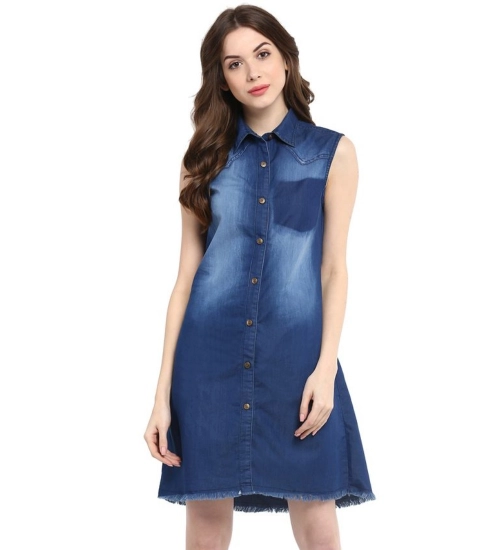 Generic Women's Denim Solid Collar Neck Sleeveless Dress (Blue)