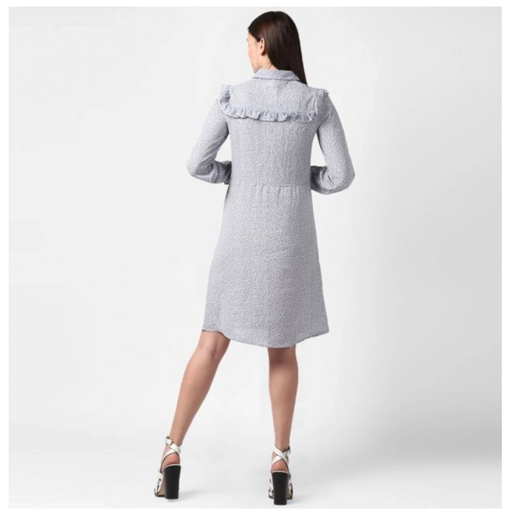 Generic Women's Polyester Floral Collar Neck Long Sleeves Dress (Blue) Generic Women's Polyester Floral Collar Neck Long Sleeves Dress (Blue)