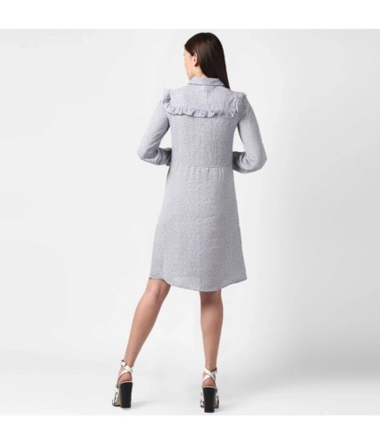 Generic Women's Polyester Floral Collar Neck Long Sleeves Dress (Blue)