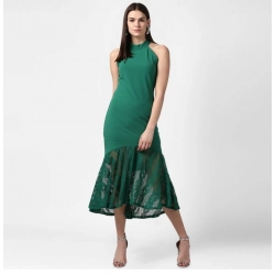 Generic Women's Polyester Asymmetrical Close Neck Sleeveless Dress (Green)
