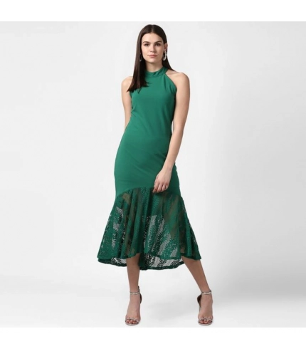 Generic Women's Polyester Asymmetrical Close Neck Sleeveless Dress (Green)