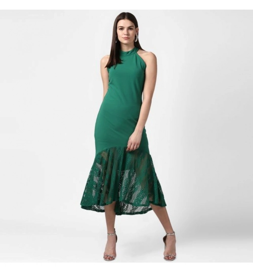 Generic Women's Polyester Asymmetrical Close Neck Sleeveless Dress (Green)