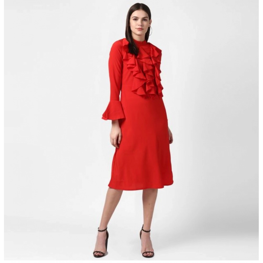 Generic Women's Polyester Ruffled Close Neck Long Sleeves Dress (Red) Generic Women's Polyester Ruffled Close Neck Long Sleeves Dress (Red)