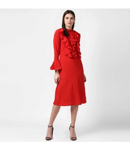 Generic Women's Polyester Ruffled Close Neck Long Sleeves Dress (Red)