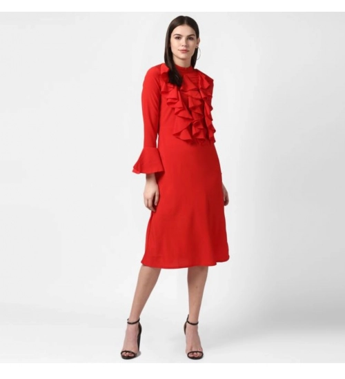 Generic Women's Polyester Ruffled Close Neck Long Sleeves Dress (Red)