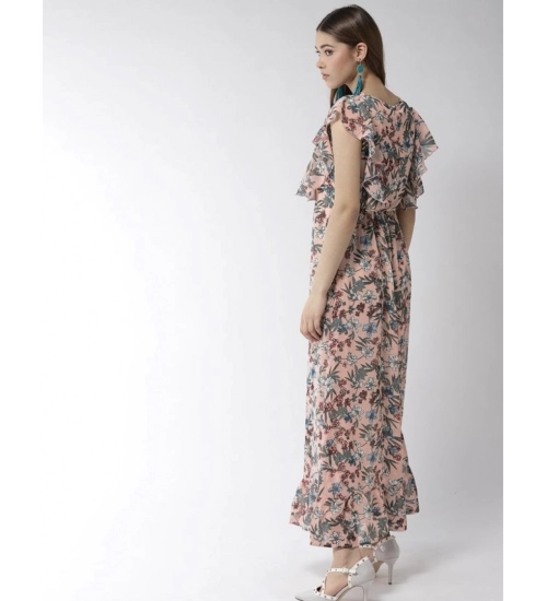 Generic Women's Polyester Floral Round Neck Flutter Dress (Multicolor)