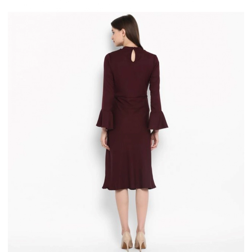 Generic Women's Polyester Ruffled Close Neck Bell Sleeve Dress (Maroon) Generic Women's Polyester Ruffled Close Neck Bell Sleeve Dress (Maroon)