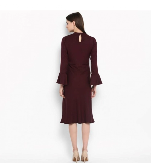 Generic Women's Polyester Ruffled Close Neck Bell Sleeve Dress (Maroon)