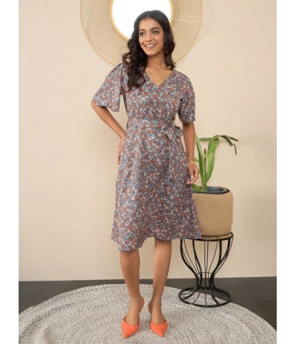 Generic Women's Polyester Moss Floral V-Neck Bell Sleeve Dress (Grey)