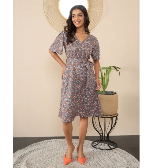 Generic Women's Polyester Moss Floral V-Neck Bell Sleeve Dress (Grey)