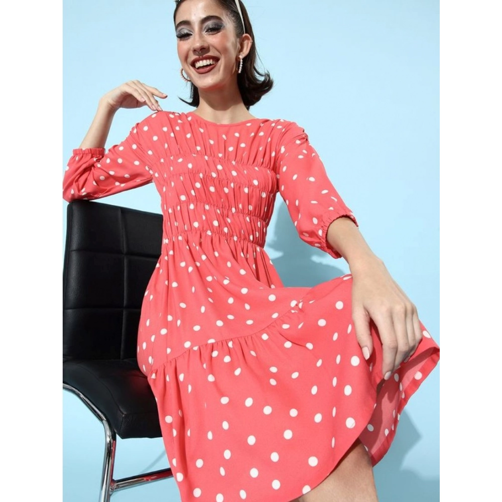 Generic Women's Polyester Moss Polka Round Neck 3/4th Sleeves Dress (Pink) Generic Women's Polyester Moss Polka Round Neck 3/4th Sleeves Dress (Pink)