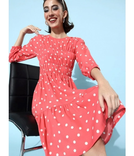 Generic Women's Polyester Moss Polka Round Neck 3/4th Sleeves Dress (Pink)