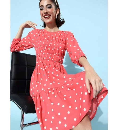 Generic Women's Polyester Moss Polka Round Neck 3/4th Sleeves Dress (Pink)