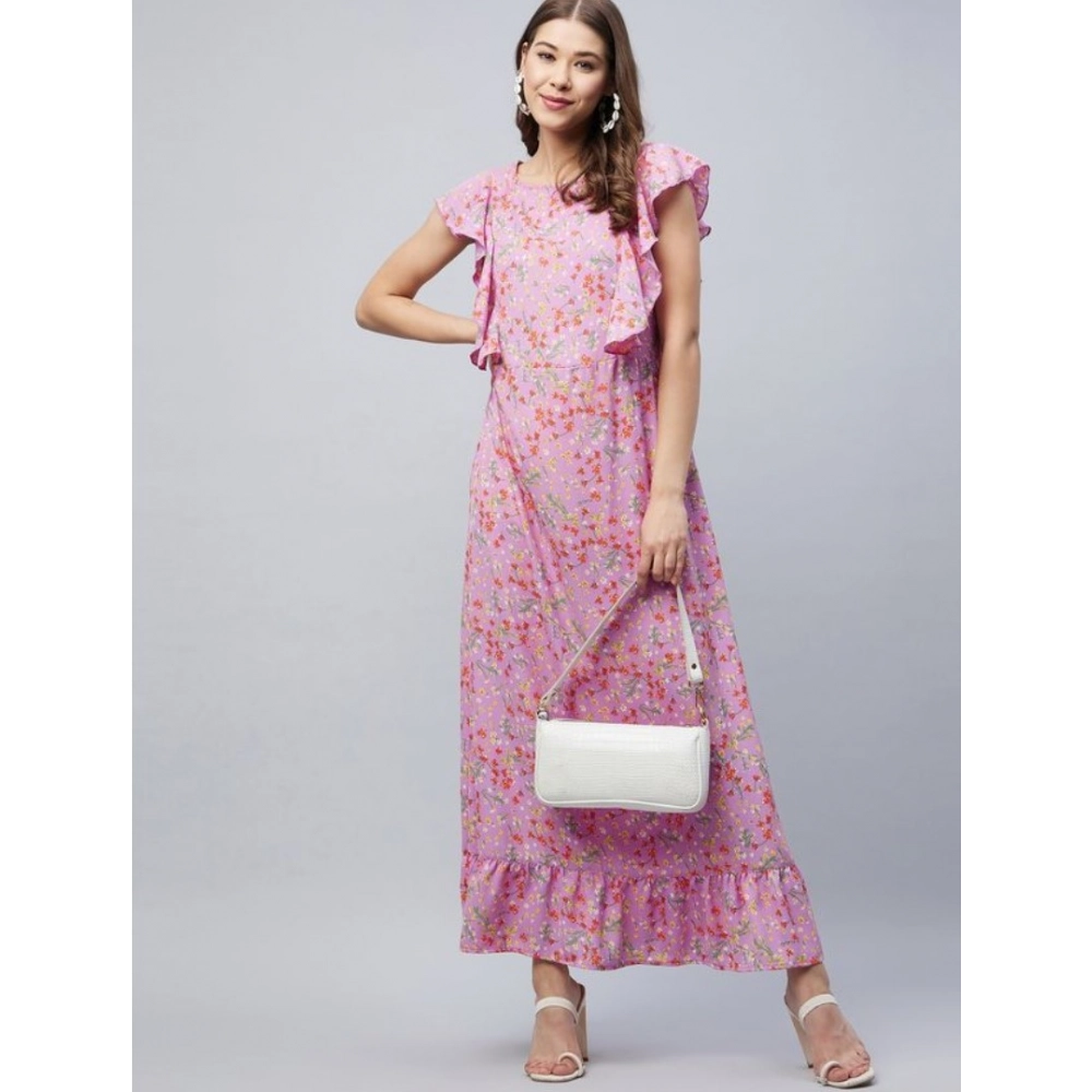 Generic Women's Polyester Floral Round Neck Flutter Dress (Lavender) Generic Women's Polyester Floral Round Neck Flutter Dress (Lavender)