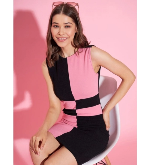 Generic Women's Polyester Lycra Color Blocking Round Neck Sleeveless Dress (Pink-Black)