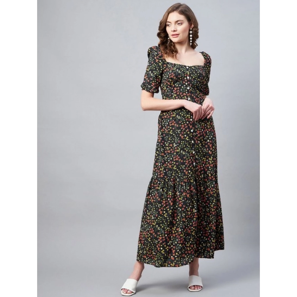 Generic Women's Polyester Moss Floral Square Neck Half Sleeve Dress (Black) Generic Women's Polyester Moss Floral Square Neck Half Sleeve Dress (Black)