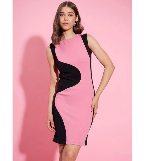 Generic Women's Polyester Lycra Color Blocking Round Neck Sleeveless Dress (Pink-Black)