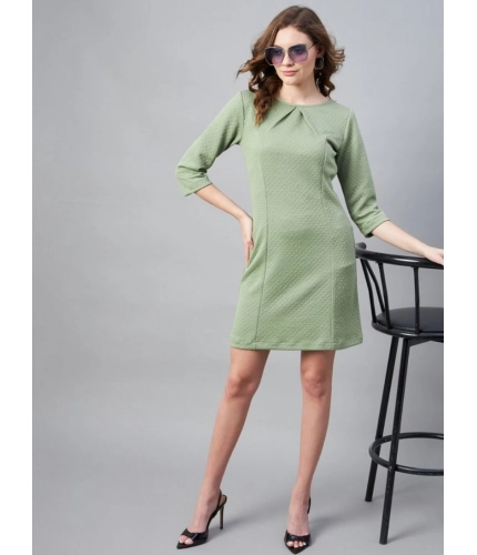 Generic Women's Polyester Jacquard Self Design Round Neck 3/4th Sleeves Dress (Olive)