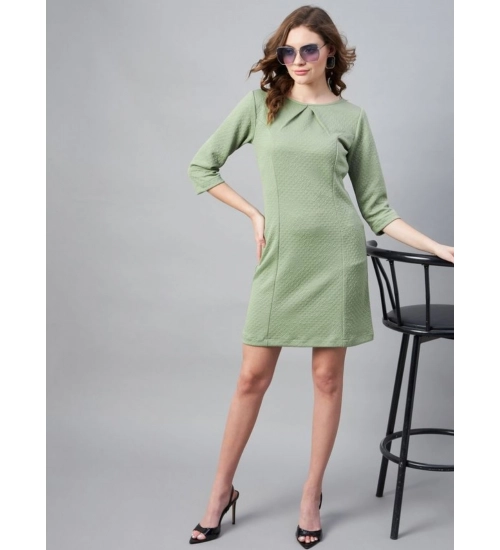 Generic Women's Polyester Jacquard Self Design Round Neck 3/4th Sleeves Dress (Olive)
