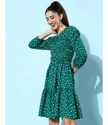 Generic Women's Polyester Moss Polka Round Neck 3/4th Sleeves Dress (Green)