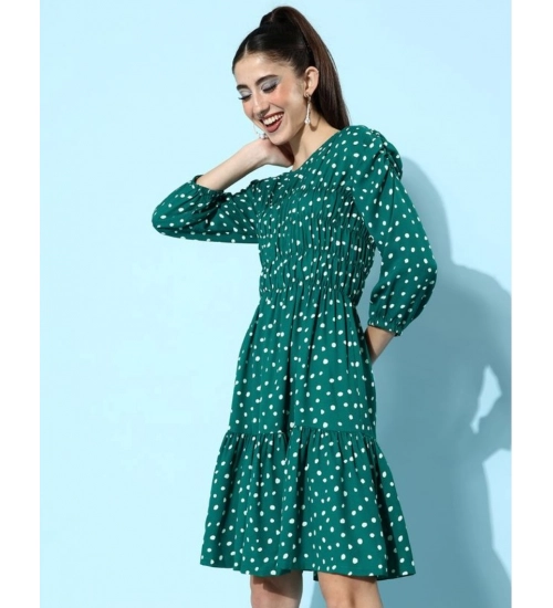 Generic Women's Polyester Moss Polka Round Neck 3/4th Sleeves Dress (Green)