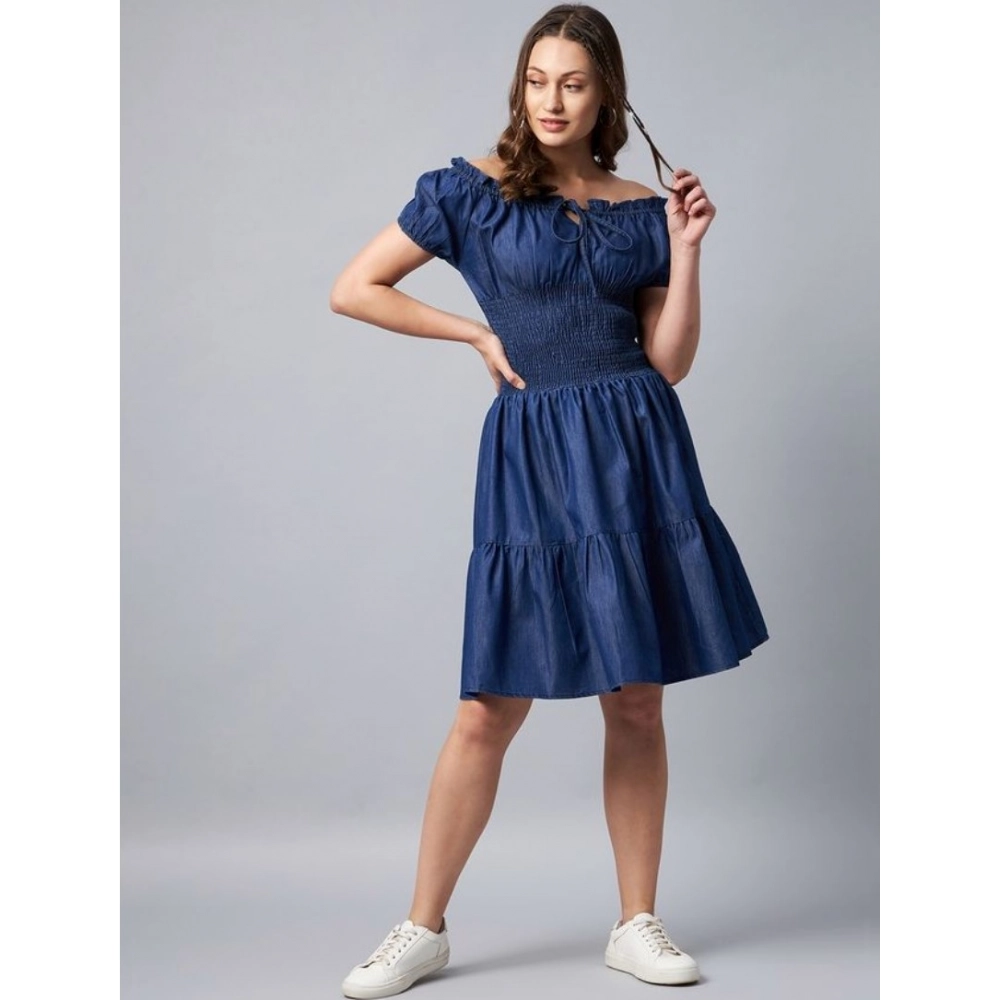Generic Women's Denim Solid Off-Shoulder Short Sleeve Dress (Blue) Generic Women's Denim Solid Off-Shoulder Short Sleeve Dress (Blue)