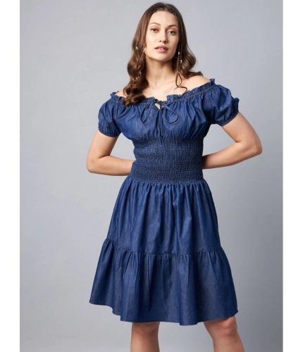 Generic Women's Denim Solid Off-Shoulder Short Sleeve Dress (Blue) Generic Women's Denim Solid Off-Shoulder Short Sleeve Dress (Blue)